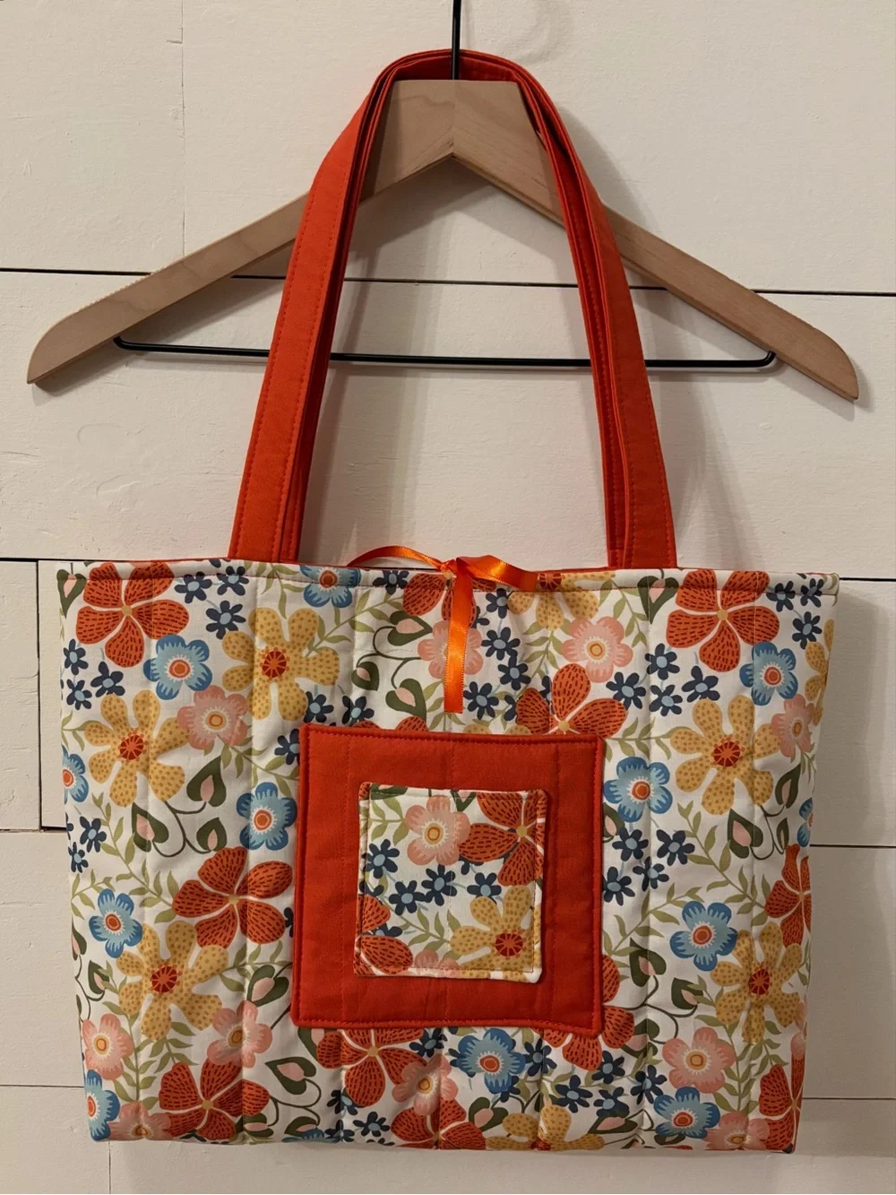 Quilted Floral Tote Bag with Orange Accents